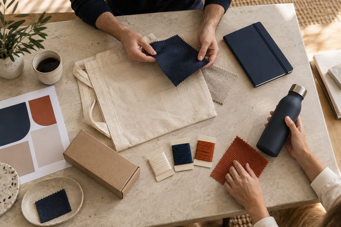 Vergleich von Materialien, Mustern und Werbeartikeln während einer Beratung