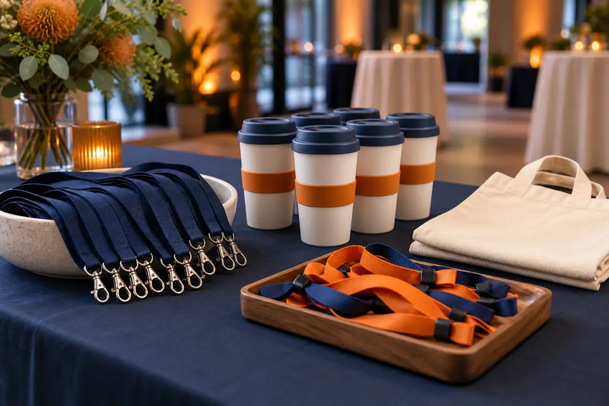 Lanyards, Becher und Stofftaschen für eine Veranstaltung