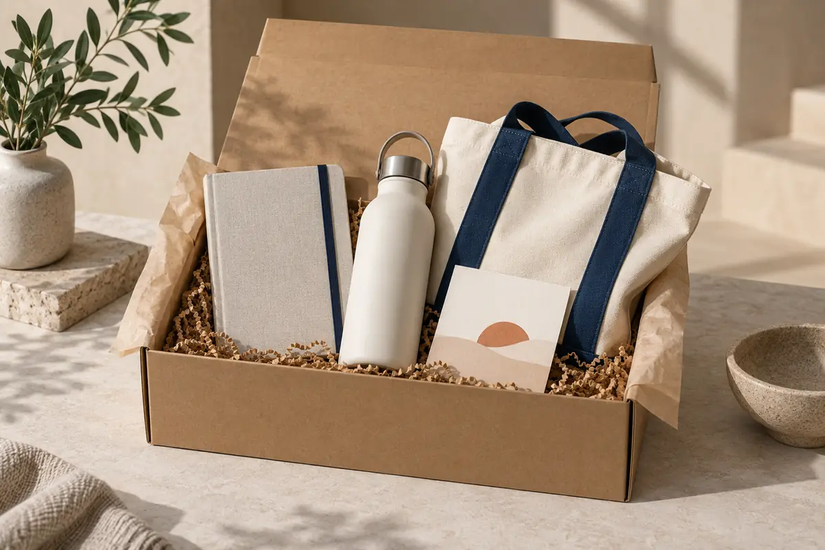 Willkommensbox mit Notizbuch, Flasche und Stofftasche