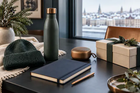 Cadeaux d’affaires de fin d’année avec gourde, bonnet, carnet, stylo et enceinte dans un décor hivernal