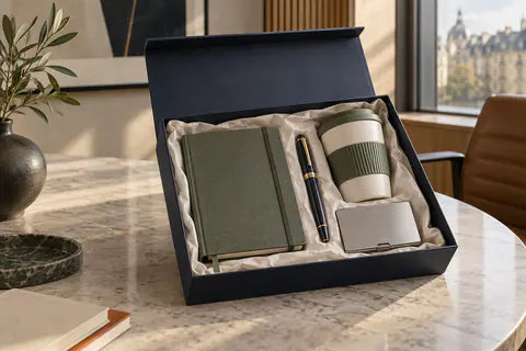 Coffret de cadeaux clients personnalisables avec carnet, stylo, tasse de voyage et porte-cartes
