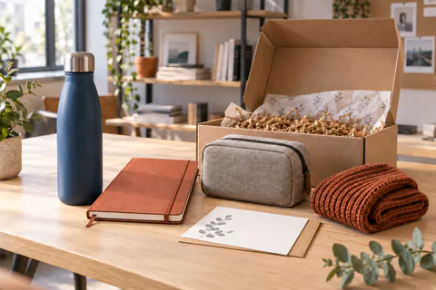 Gourde, carnet, pochette textile et accessoire tricoté préparés avec un coffret recyclable pour des collaborateurs