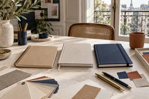 Carnets de couvertures et reliures différentes avec échantillons de papier et stylos
