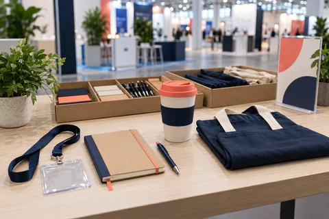 Kit de salon professionnel avec badge, carnet, stylo, gobelet réutilisable et tote bag préparé sur un comptoir