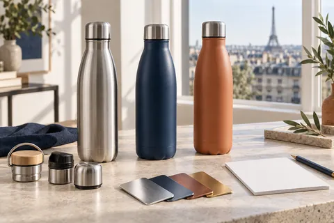Trois gourdes isothermes et des échantillons de finitions comparés sur une table