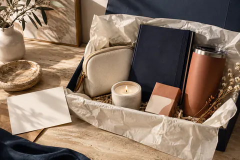 Kit presse et influenceur personnalisé avec carnet, pochette, bougie et tasse de voyage dans un coffret