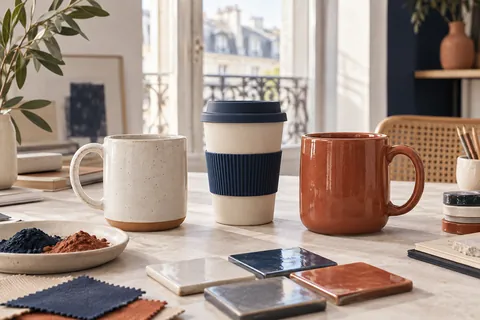 Mugs en céramique et gobelet réutilisable comparés avec échantillons de couleurs