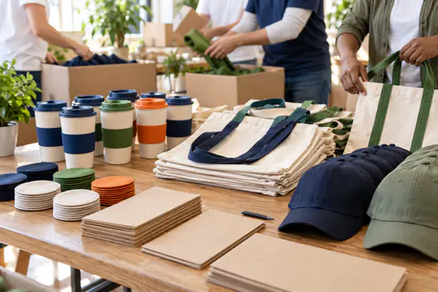 Objets publicitaires préparés pour une association avec tote bags, gobelets, casquettes et documents