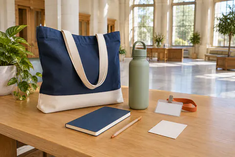 Tote bag, gourde, carnet, crayon, badge et carte préparés dans un bâtiment public