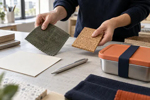 Comparaison de matières pour objets publicitaires écoresponsables : textile recyclé, liège, aluminium et papier