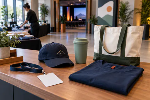 Objets publicitaires préparés pour un événement : badge, casquette, gobelet, tote bag et textile
