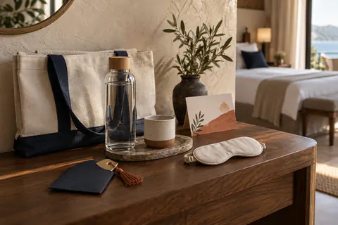 Tote bag, bouteille, tasse, masque de sommeil et carte d’accueil dans un hôtel