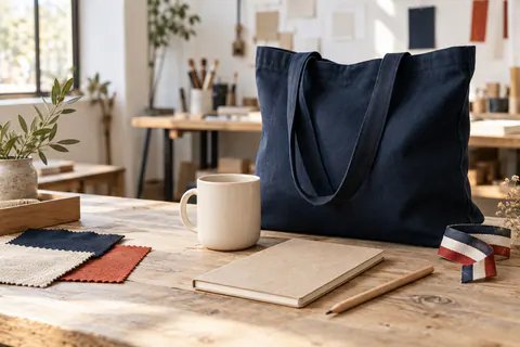 Sélection d’objets publicitaires fabriqués en France avec tote bag, mug, carnet et crayon en atelier