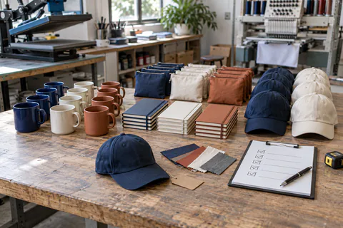 Petites séries de mugs, carnets, pochettes et casquettes contrôlées sur un établi de personnalisation