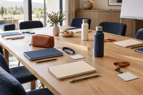 Carnets, gourdes, badges et pochettes préparés sur une table pour un séminaire d’entreprise