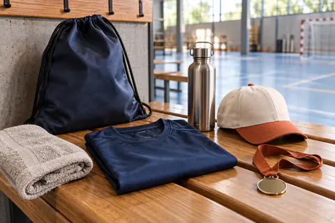 T-shirt technique, gourde, casquette, sac, serviette et médaille sur un banc de vestiaire