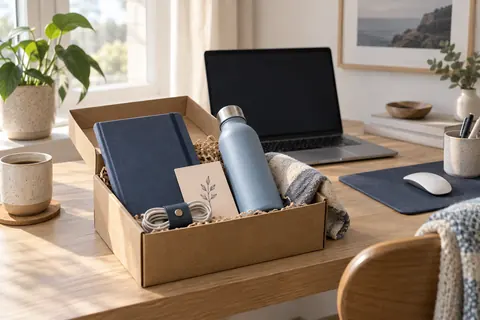 Kit de travail hybride avec carnet, gourde et organiseur de câbles dans une boîte kraft sur un bureau