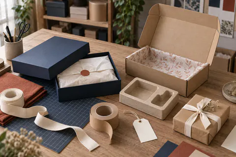 Boîtes, calage papier, rubans, étiquette et colis dans un atelier de packaging