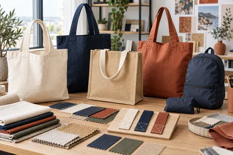 Tote bags et sac pliable de matières différentes avec tests d’anses et échantillons textiles