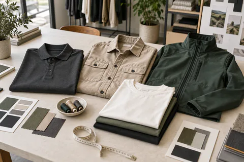 Polo, surchemise, veste softshell et tee-shirts comparés avec des échantillons de tissu et des fils de broderie