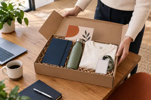 Welcome pack entreprise avec carnet, gourde, textile et badge préparé dans une boîte kraft